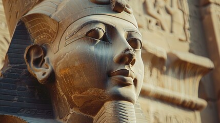 A close-up shot of a stone sculpture's face with distinct Egyptian features, including a broad chin, a straight nose, and full lips. The surface has a polished look and showcases some hieroglyphic ins
