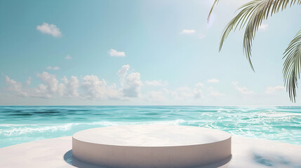 Wall Mural - 3D render, minimal Summer background with empty podium or pedestal platform for showing product, cosmetic scene for mock up, beach swim elements decoration