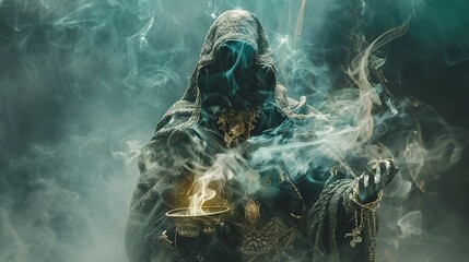 A shrouded figure wearing a hooded cloak with intricate and ornate golden patterns stands enshrouded in swirling mist. Their face is obscured by darkness, making their identity and gender unrecognizab