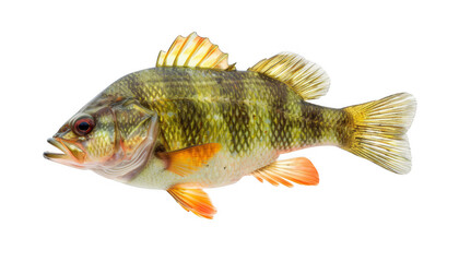 Close-up image of a single yellow perch fish isolated on a white background, showcasing its vibrant scales and fins.