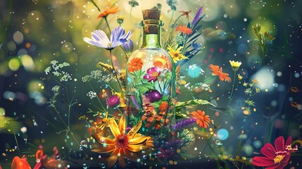apothecary bottle with explosion of vibrant herbs and flowers natural wellness concept digital illustration