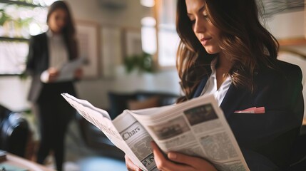 businesswoman reading newspaper while conversing with colleague professional workplace scene