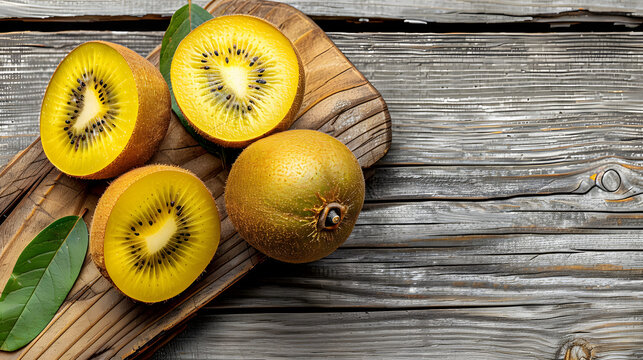 Halved ripe yellow kiwi fruit on a wooden background. Long banner format. top view