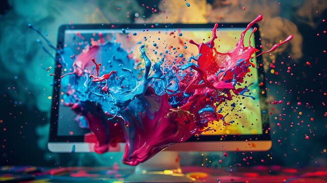 colorful paint splash emanating from computer monitor ai generated image