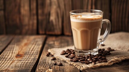 Wall Mural - Glass of coffee with cream on wooden background. selective focus. Generative AI,