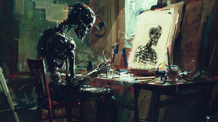 Wall Mural - cyborg artist ai replacing human creativity in art studio thoughtprovoking conceptual illustration digital painting