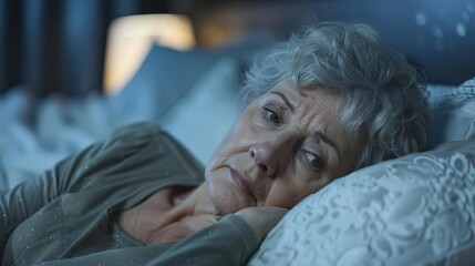 depressed senior woman lying in bed insomnia and mental health concept emotional photo