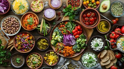 Colorful vegetarian buffet spread with an array of fresh vegetables and salads.