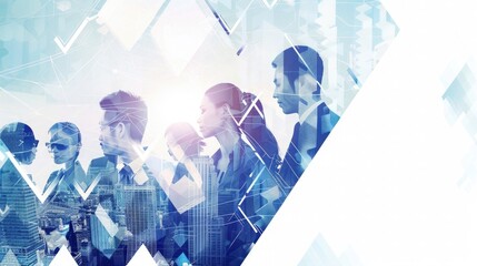 Wall Mural - business collage of business people working together, diamond shape, city background, blue and white color theme, business concept banner with copy space area