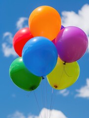 Joyful Celebration: Colorful Balloons Drifting in the Clear Blue Sky