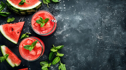 Delicious ripe watermelons and glass of fresh juice on wooden table outdoors ,Refreshing Watermelon Juice in a Minimal Style ,Delicious ripe watermelons and glass of fresh juice on wooden table 