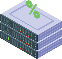 Poster - 3d isometric illustration of servers in a data center with a green percentage symbol, denoting server load or data analytics