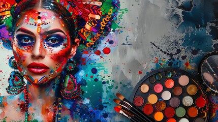 fusion of vibrant watercolor mexican ornaments and makeup palette artistic beauty concept digital art