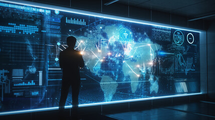 Poster - a person standing in futuristic digital data monitoring room, modern technology illustration