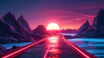 Wall Mural - futuristic glowing hot road leading to unknown destination surreal scifi landscape ai generated