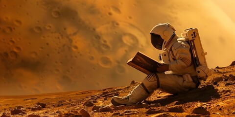 cosmic explorer engrossed in a book on the red planets surface. concept sci-fi, space exploration, r