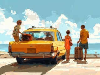 Wall Mural - Departure: getting out the door, loading the trunk, calling a taxi or an app, saying bye to family. 