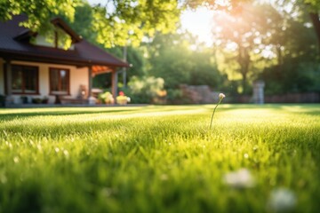 Wall Mural - Green grass lawn in the garden with cozy house in the background.