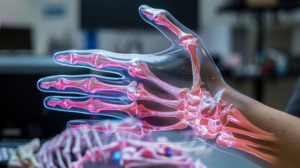 A hand is shown in a 3D image with pink bones