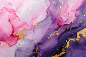 Wall Mural - Abstract watercolor liquid fluid paint, pastel, purple, pink color and golden lines marbled background, AI generated