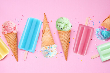 Poster - Assortment of colorful pastel summer ice cream cones and popsicle frozen desserts. Top down view flat lay on a soft pink background.