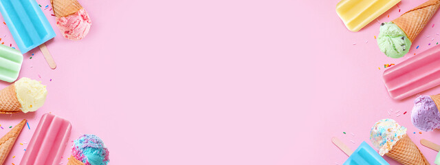 Poster - Selection of colorful pastel summer ice cream cones and popsicle frozen desserts. Above view double border on a pink banner background. Copy space.