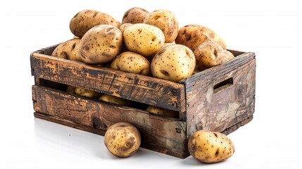 Wall Mural - Fresh potatoes in a wooden box isolated on white background with clipping path