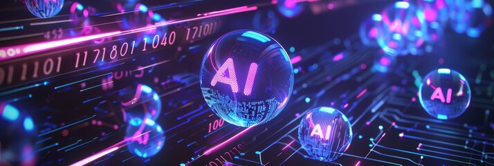 Wall Mural - 3d illustration For Artificial Intelligence Concept. A digital illustration of holographic chat bubbles with AI text, floating over an abstract background filled with code lines and binary numbers