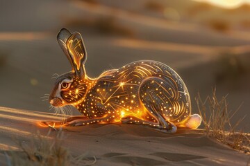 Mirage of Glass Desert Hare: Realistic Creature with Glowing Patterns in Dubai Sand Dunes, Magazine-Worthy Shot