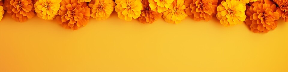 Indian holiday banner with marigold flowers on yellow background with copy space