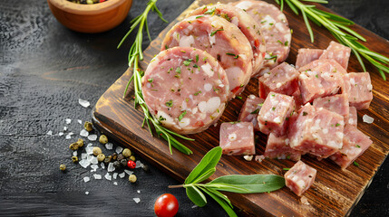 Wall Mural - Headcheese chopped. pork meat product on a wooden board, top view. copy space