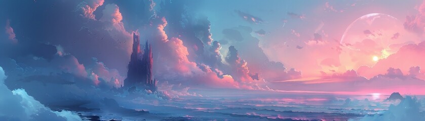 Canvas Print - a beautiful, colorful sky with a large, pink moon in the background