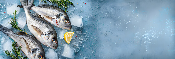 Wall Mural - Raw fresh dorado or sea bream on ice cubes on blue concrete background. Long banner format. top view