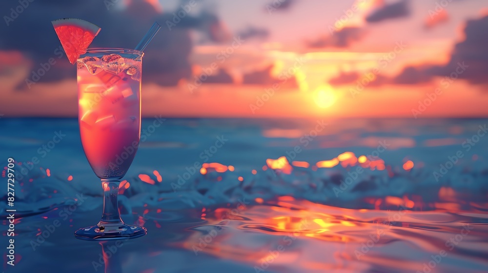 Refreshing cocktail with ice and a fruit garnish on a beach shore at ...