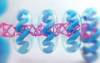 Human dna double helix, red and pink background.