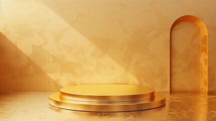 Wall Mural - Golden podium on beige background with natural shadows. Perfect platform for your product. 3d rendering