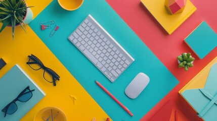 Fototapete - The desk is colorful and has a keyboard and mouse on it