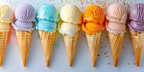 A row of colorful ice cream cones against a white backdrop evokes a summer vibe. Concept Photography, Summer, Ice Cream, Colorful, Props