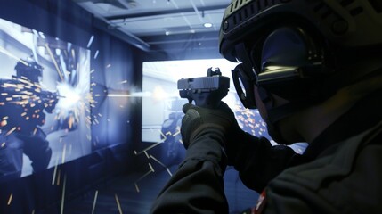 Wall Mural - Police officers using a firearms training simulator to improve their marksmanship and decisionmaking in highstress situations.