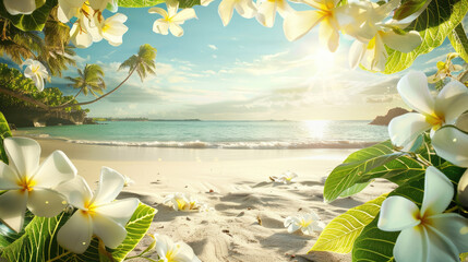 Wall Mural - Scenic Tropical Beach View with Bright Sunlight and Floral Accents