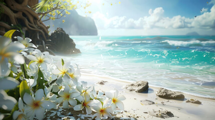 Wall Mural - Scenic Tropical Beach View with Bright Sunlight and Floral Accents