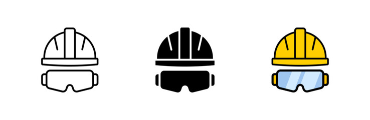 Hard hat with goggles icon. Construction helmet with safety mask vector symbol. Engineer hat with protection glasses illustration isolated.