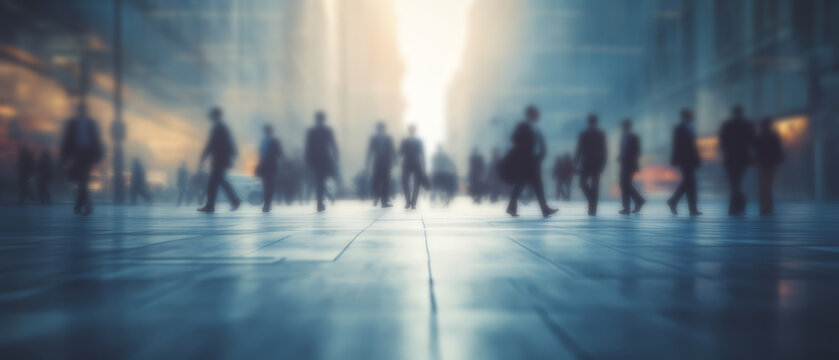 Background Double exposure of businesspeople walking in crowded building office area.