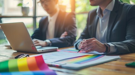 Wall Mural - Two men in suits are sitting at a table with a laptop and a rainbow flag