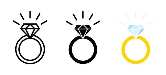 Wedding ring icon. Jewelry logo. Engagement diamond ring icon. Proposal symbol. Brilliant gold jewellery vector illustration isolated.