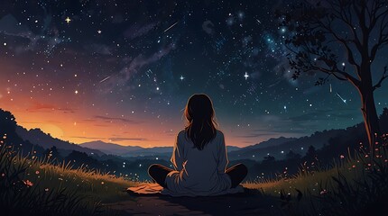 Wall Mural - girl is sitting on a hilltop, looking up at a starry night sky