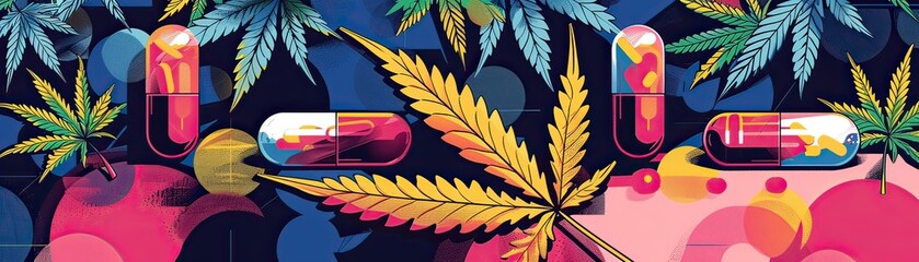 Infographic illustrating the various forms of medical cannabis, pop art style, bold colors, and graphic shapes