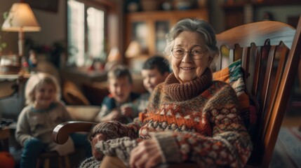 Wall Mural - The picture of the grandmother sitting in the chair, knitting the cloth with the warm smile with children family, the knitting require skills like concentration, knitting skills and patience. AIG43.