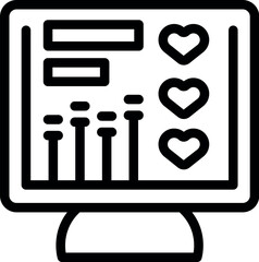Poster - Black and white outline vector icon of a computer monitor displaying customer ratings with hearts