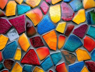 Wall Mural - A colorful mosaic made of broken glass pieces. The colors are bright and vibrant, creating a lively and energetic atmosphere. The mosaic is arranged in a way that makes it look like a patchwork quilt